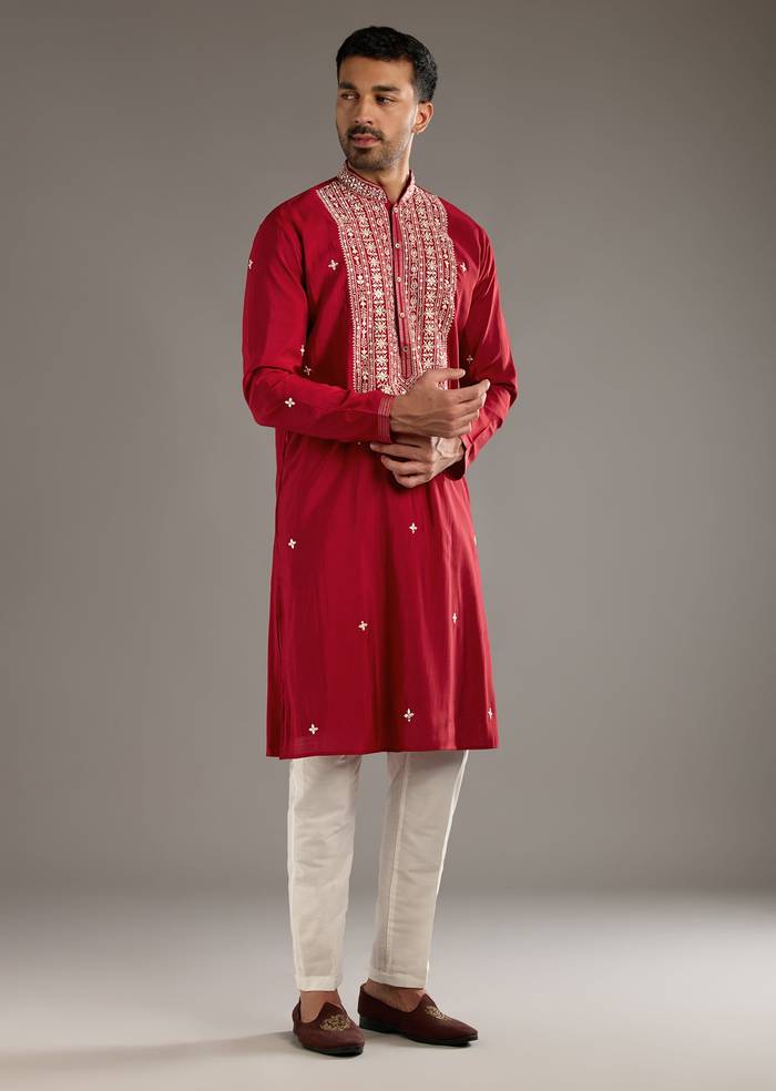 Red Silk Kurta Set For Men With Mirror And Thread Work