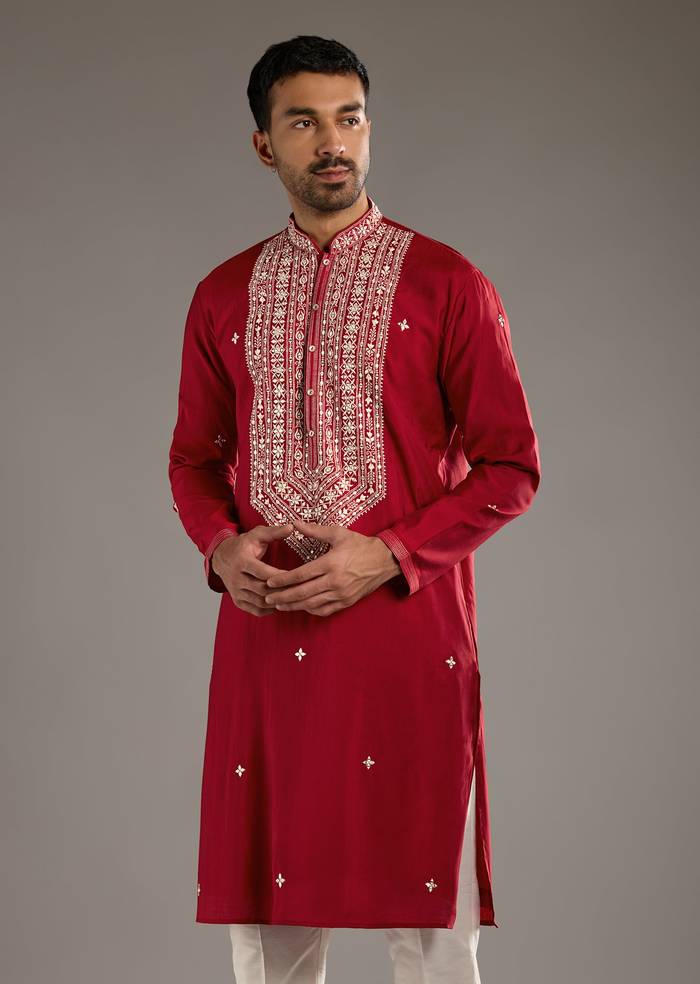 Red Silk Kurta Set For Men With Mirror And Thread Work
