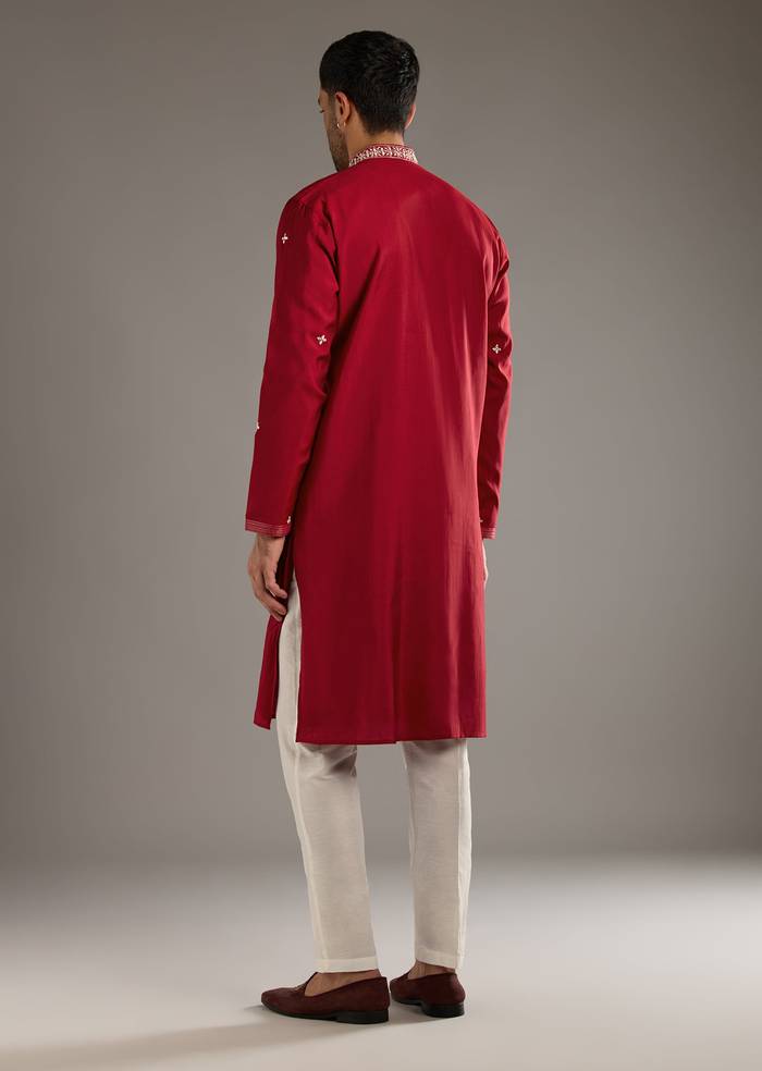 Red Silk Kurta Set For Men With Mirror And Thread Work