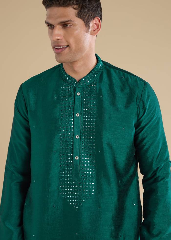 Emerald Heritage Match – Zardosi Threadwork Kurta Palazzo Set For Her And Green Embellished Kurta Set For Him