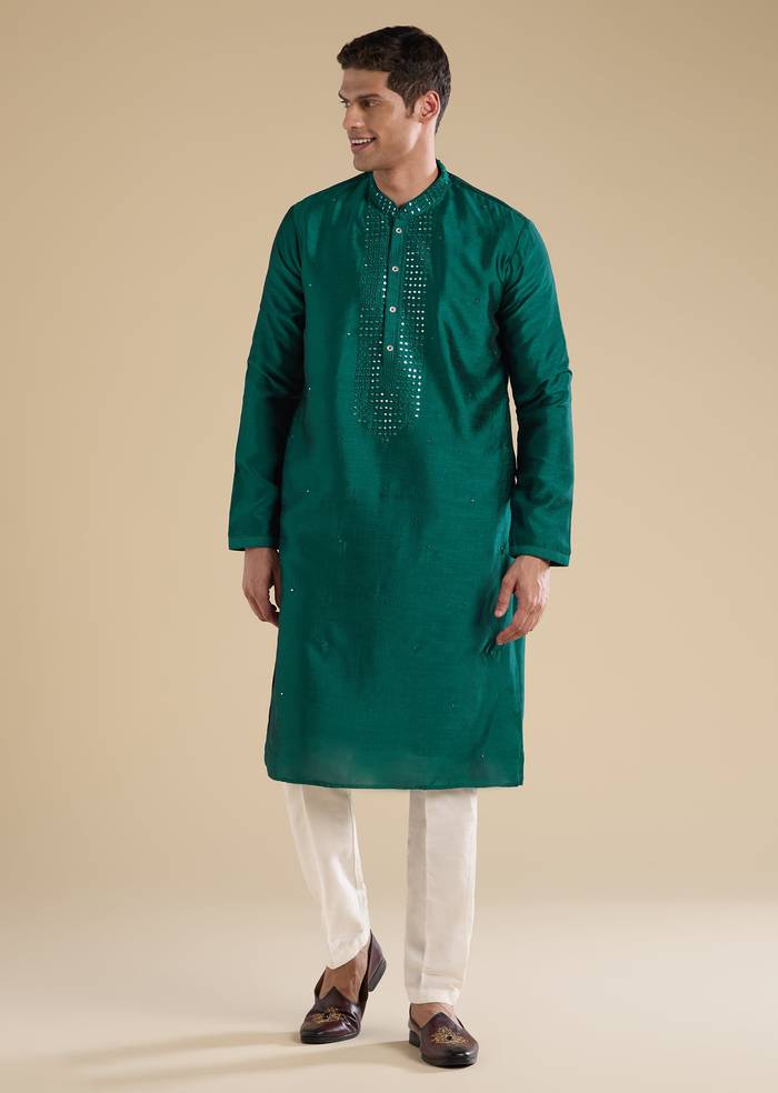 Emerald Heritage Match – Zardosi Threadwork Kurta Palazzo Set For Her And Green Embellished Kurta Set For Him