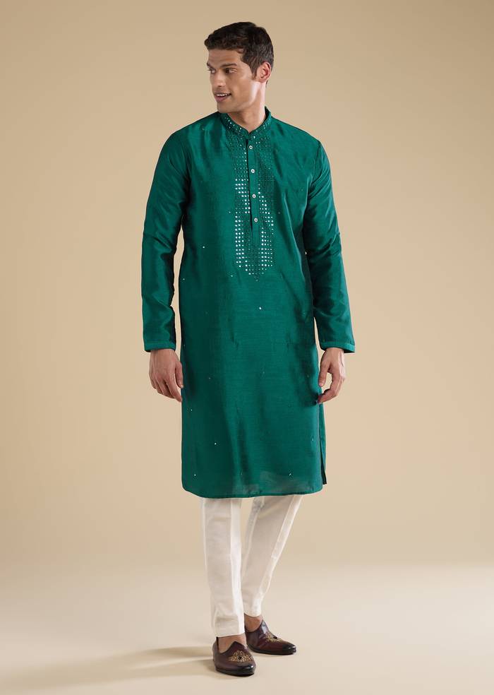 Emerald Heritage Match – Zardosi Threadwork Kurta Palazzo Set For Her And Green Embellished Kurta Set For Him