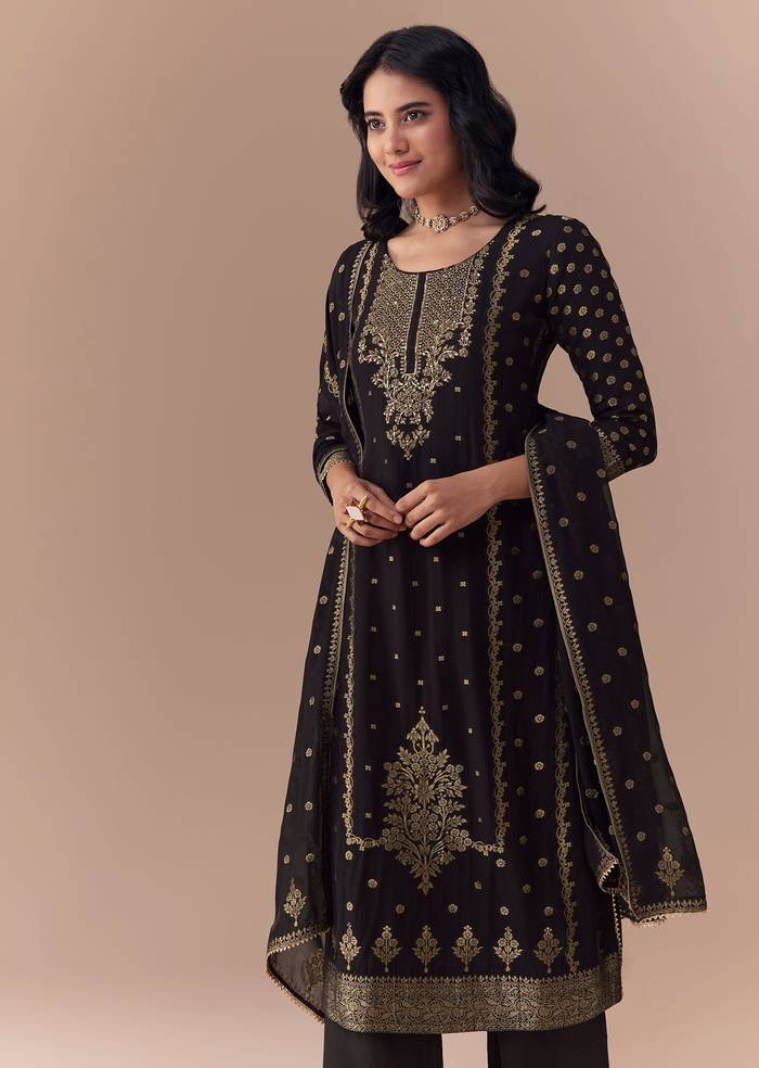 Black Jacquard Woven Gota Work Kurta Palazzo Set