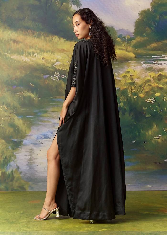 Black Satin Cutdana Embellished Kaftan