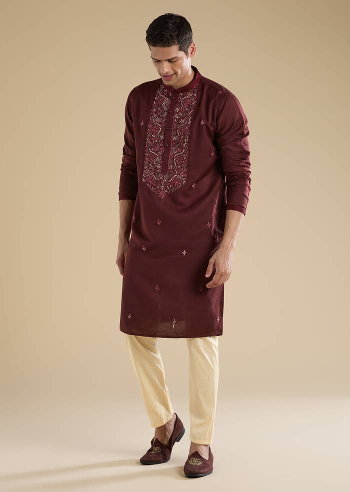 Maroon Silk Celebration Duo – Printed Silk Kurta Pant Set For Her And Maroon Casual Kurta Set For Him