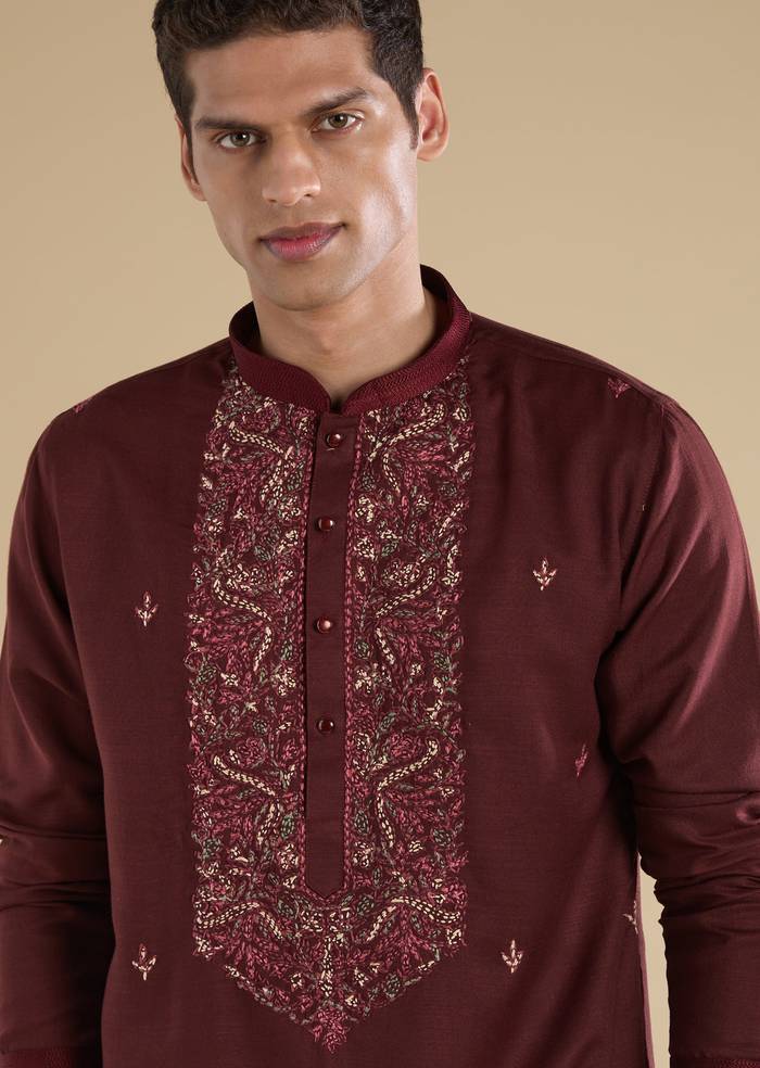 Maroon Silk Celebration Duo – Printed Silk Kurta Pant Set For Her And Maroon Casual Kurta Set For Him