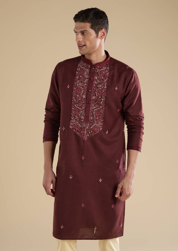 Maroon Silk Celebration Duo – Printed Silk Kurta Pant Set For Her And Maroon Casual Kurta Set For Him