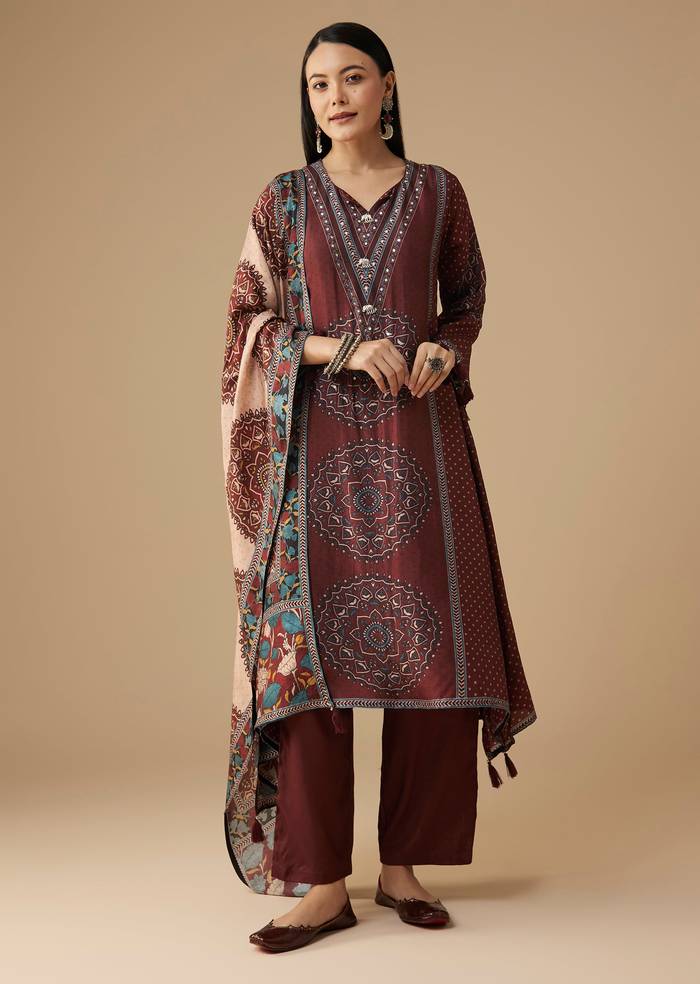 Maroon Silk Celebration Duo – Printed Silk Kurta Pant Set For Her And Maroon Casual Kurta Set For Him