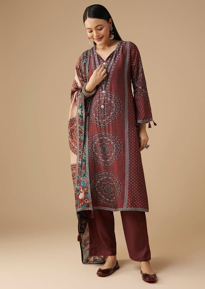Maroon Silk Celebration Duo – Printed Silk Kurta Pant Set For Her And Maroon Casual Kurta Set For Him