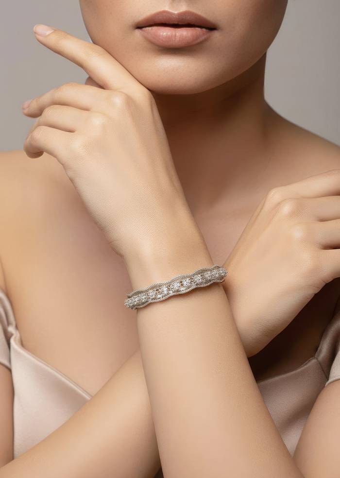 White Anti Tarnish Finish CZ Diamond Rhodium Plated Bangle Set of 2)