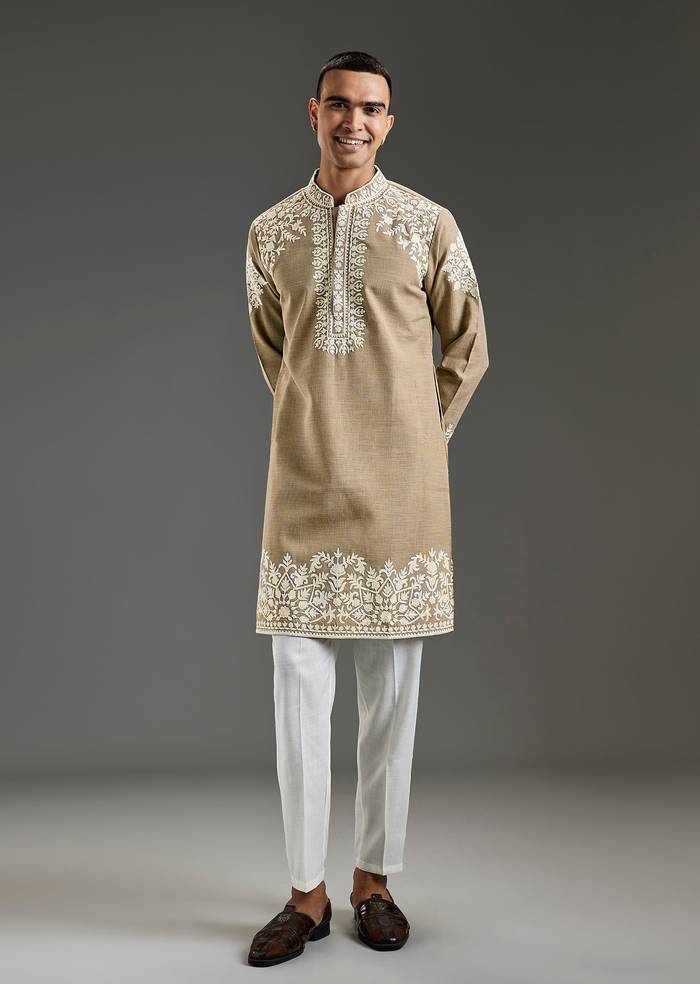 Brown Cotton Viscose Thread Embroidered Kurta Set