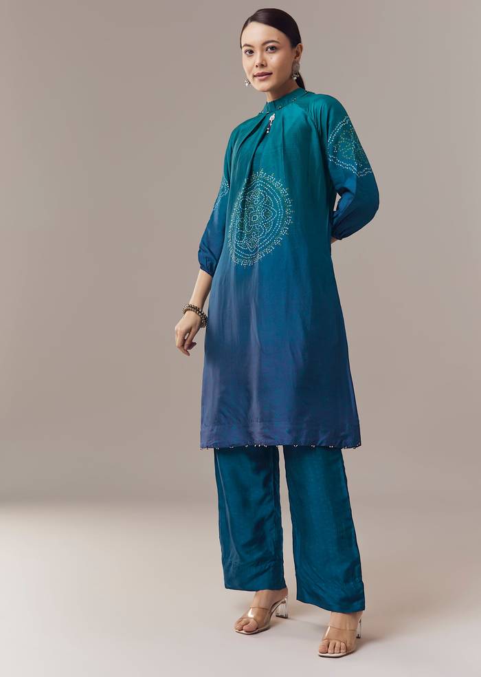 Contemporary Blue Festive Couple Set – Blue Ombre Silk Coord Set For Her And Blue Kurta Jacket Set For Him