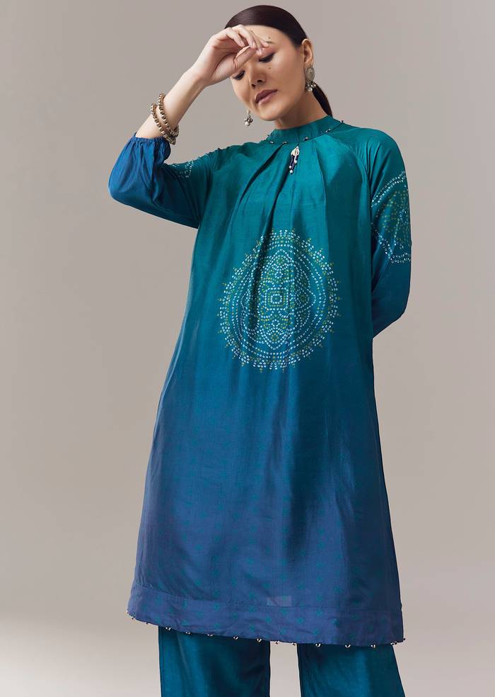 Contemporary Blue Festive Couple Set – Blue Ombre Silk Coord Set For Her And Blue Kurta Jacket Set For Him