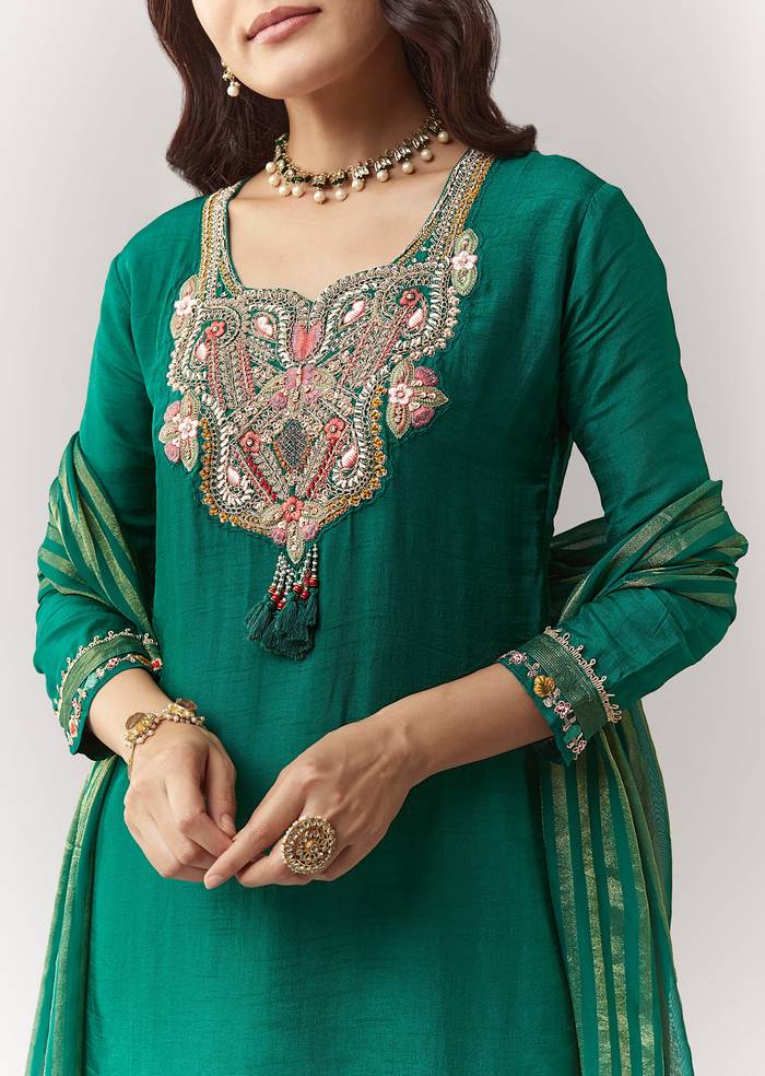 Emerald Heritage Match – Zardosi Threadwork Kurta Palazzo Set For Her And Green Embellished Kurta Set For Him