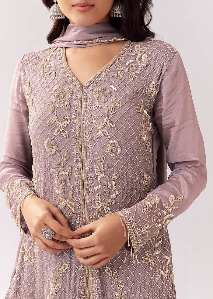 Lavender Harmony Edit – Embellished Palazzo Suit For Her And Lilac Mirror-Work Jacket Kurta Set For Him