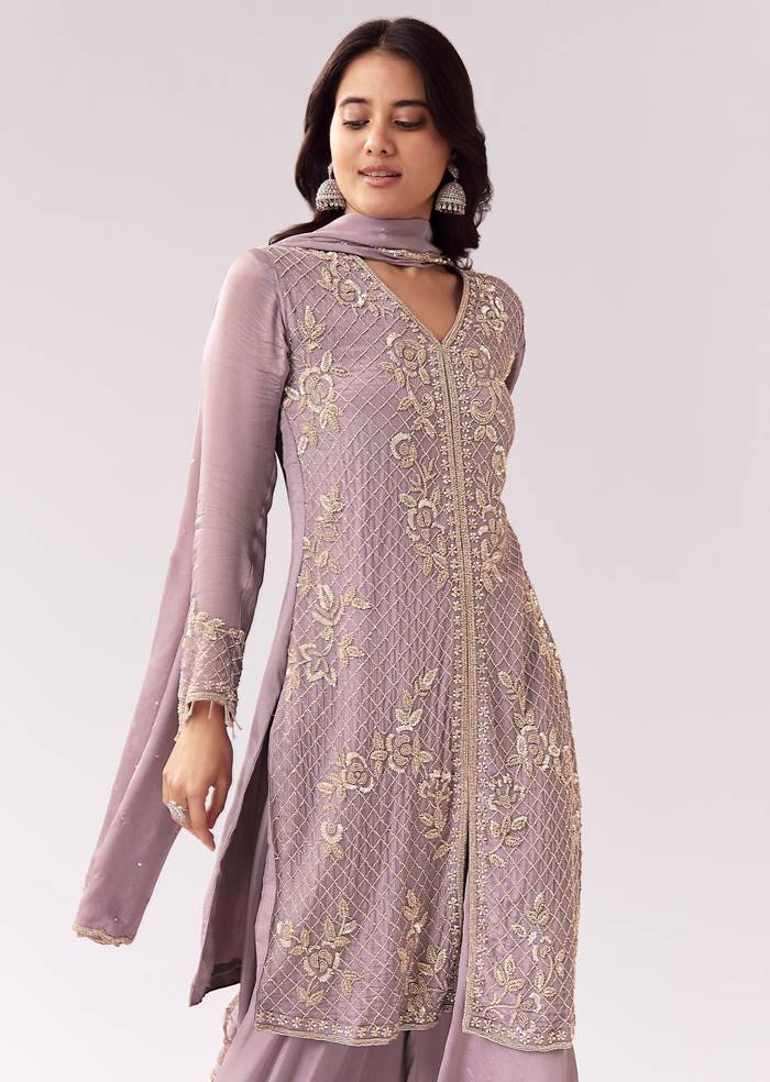 Lavender Harmony Edit – Embellished Palazzo Suit For Her And Lilac Mirror-Work Jacket Kurta Set For Him