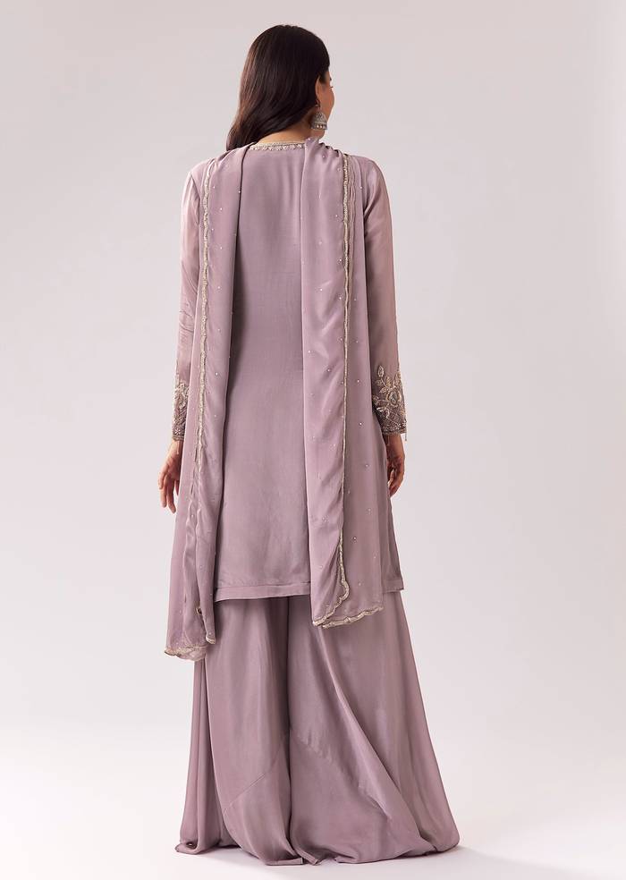 Lavender Harmony Edit – Embellished Palazzo Suit For Her And Lilac Mirror-Work Jacket Kurta Set For Him