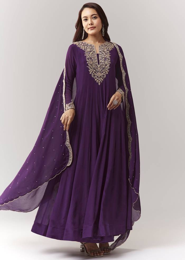 Purple Cut Dana Yoke Anarkali Set With Dupatta