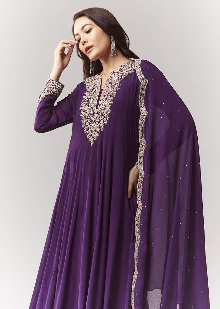 Purple Cut Dana Yoke Anarkali Set With Dupatta