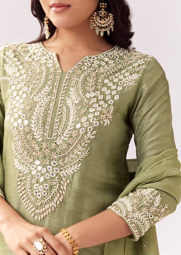 Pista Green Eid Pairing – Mirror Work Sharara Set For Her And Olive Silk Embellished Kurta Set For Him