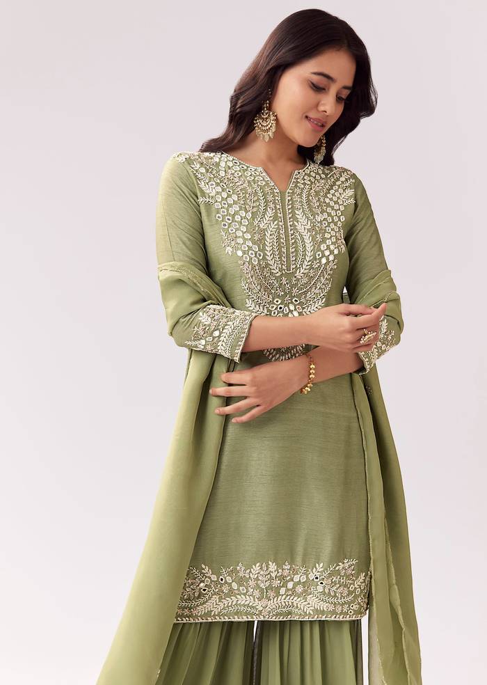 Pista Green Eid Pairing – Mirror Work Sharara Set For Her And Olive Silk Embellished Kurta Set For Him