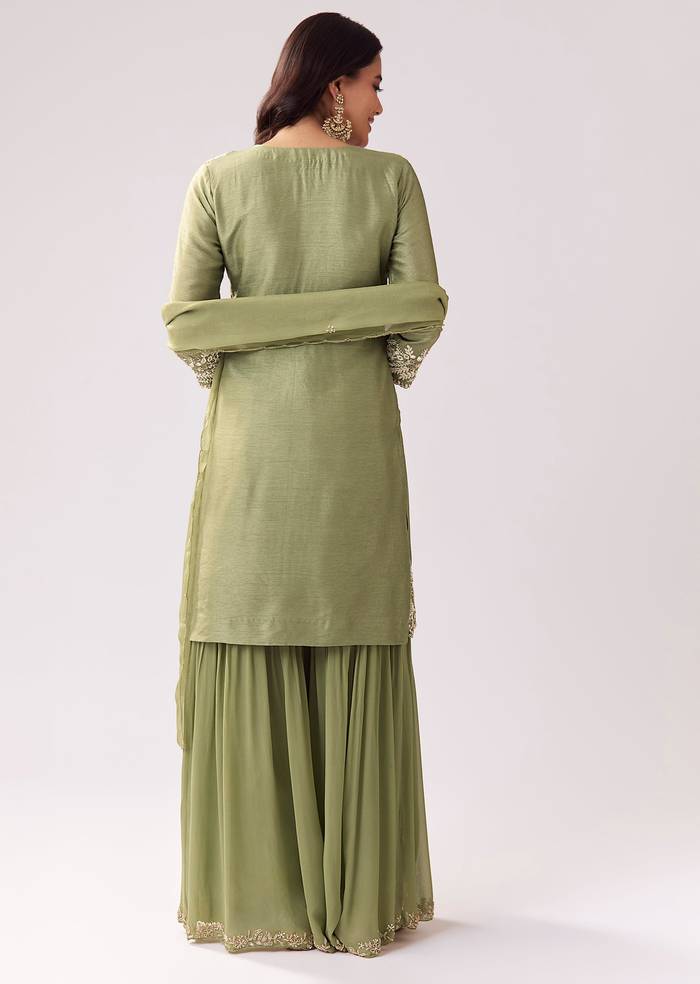 Pista Green Eid Pairing – Mirror Work Sharara Set For Her And Olive Silk Embellished Kurta Set For Him