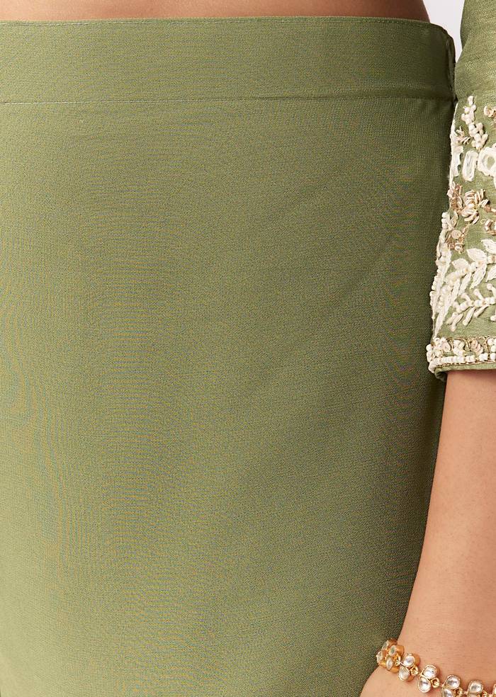 Pista Green Eid Pairing – Mirror Work Sharara Set For Her And Olive Silk Embellished Kurta Set For Him