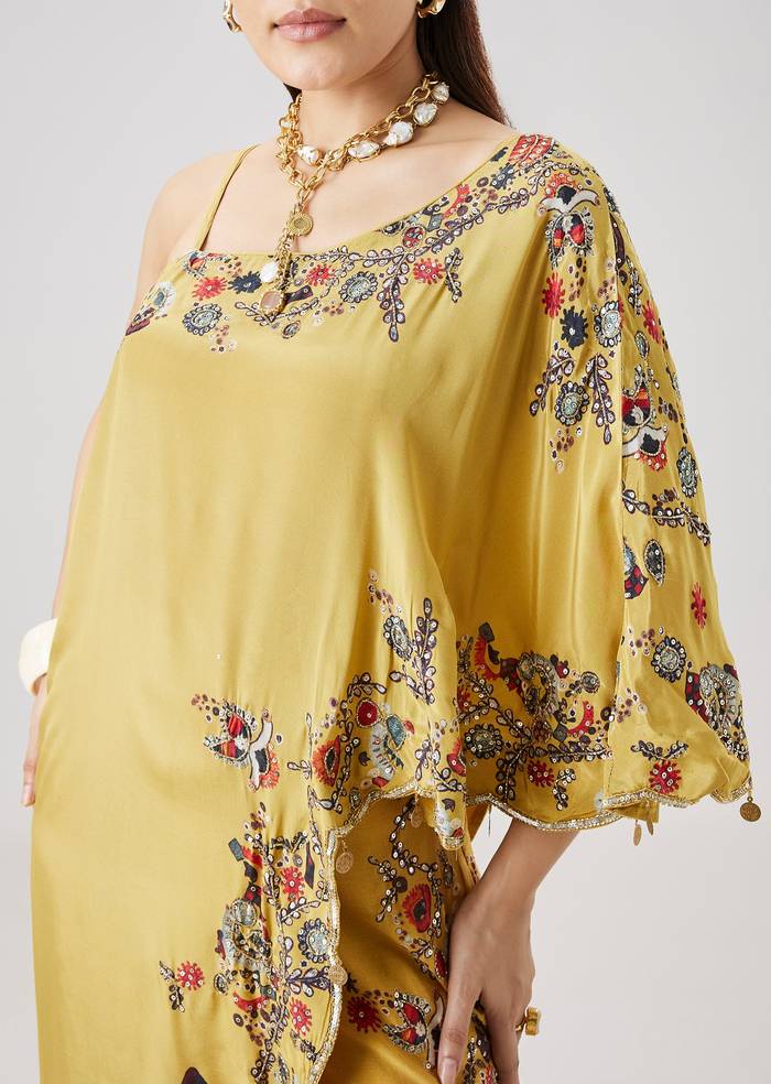 Yellow OneShoulder Printed Crop Top Palazzo Set