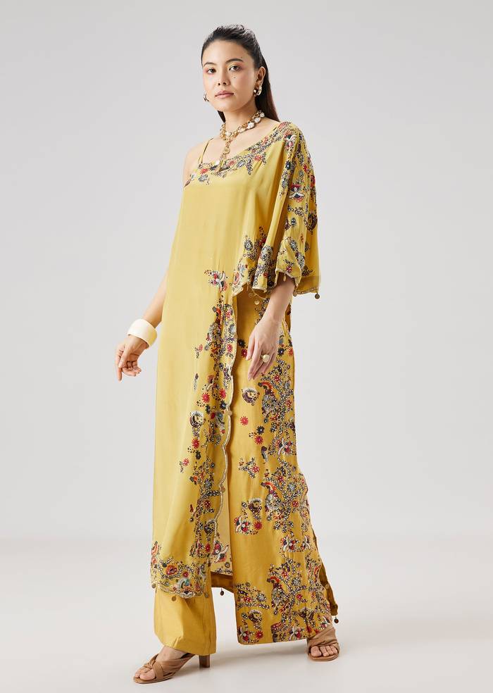 Yellow OneShoulder Printed Crop Top Palazzo Set