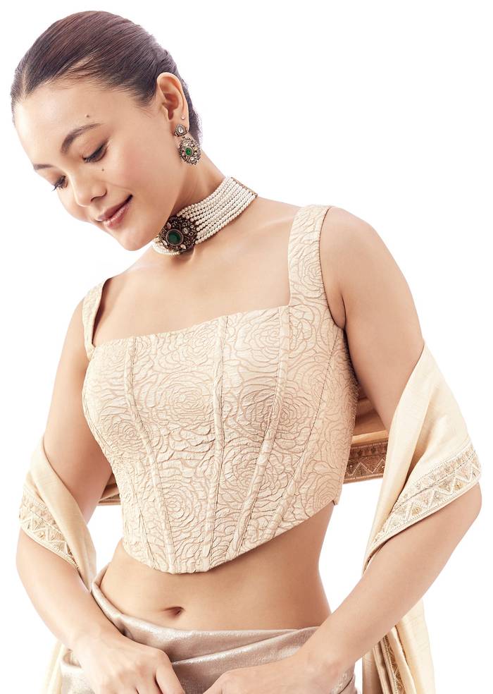 Off White Square Neck Blouse With Adjustable Back Tie Ups