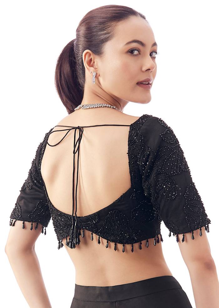 Black Square Neck Half Sleeve Fancy Neck Blouse