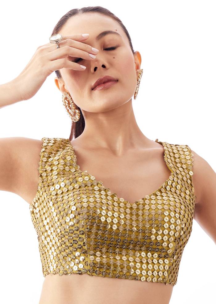 Gold Mustard V Neck Blouse With Side Zip And Stone Work