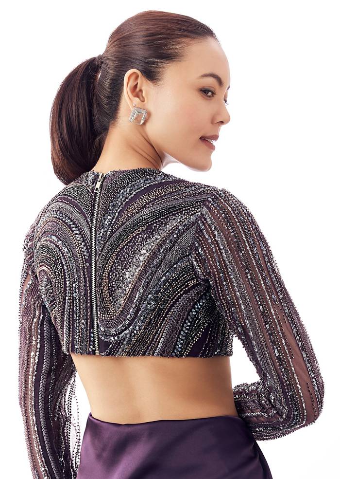 Navy Full Sleeve Round Neck Blouse With Metal Zip And Heavy Embellishment