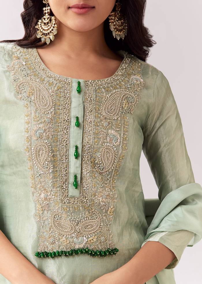Emerald Green Celebration Pair – Zardozi Palazzo Suit For Her And Pastel Green Embroidered Linen Kurta Set For Him