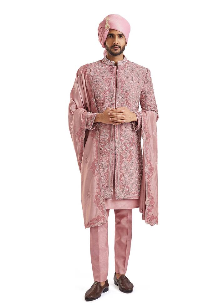 Blush Pink Romance — Bridal Lehenga For Her And Sherwani For Him