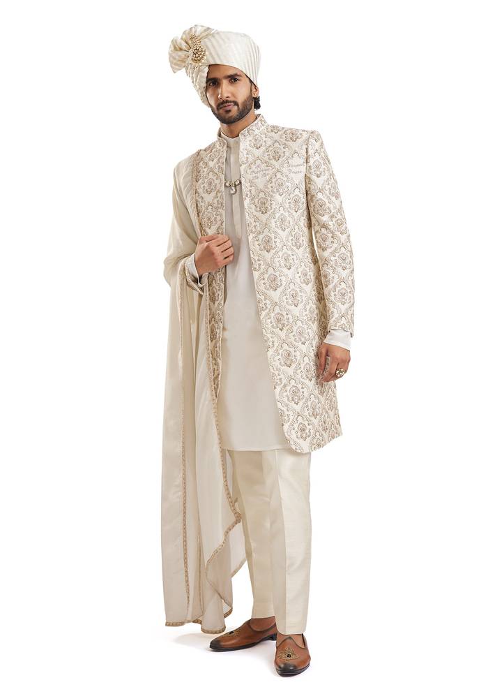 Off-White Royal Elegance — Bridal Lehenga For Her And Sherwani For Him