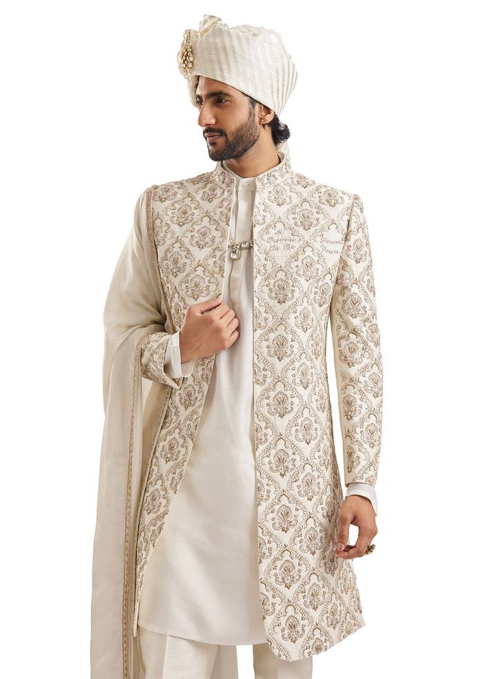 Off-White Royal Elegance — Bridal Lehenga For Her And Sherwani For Him