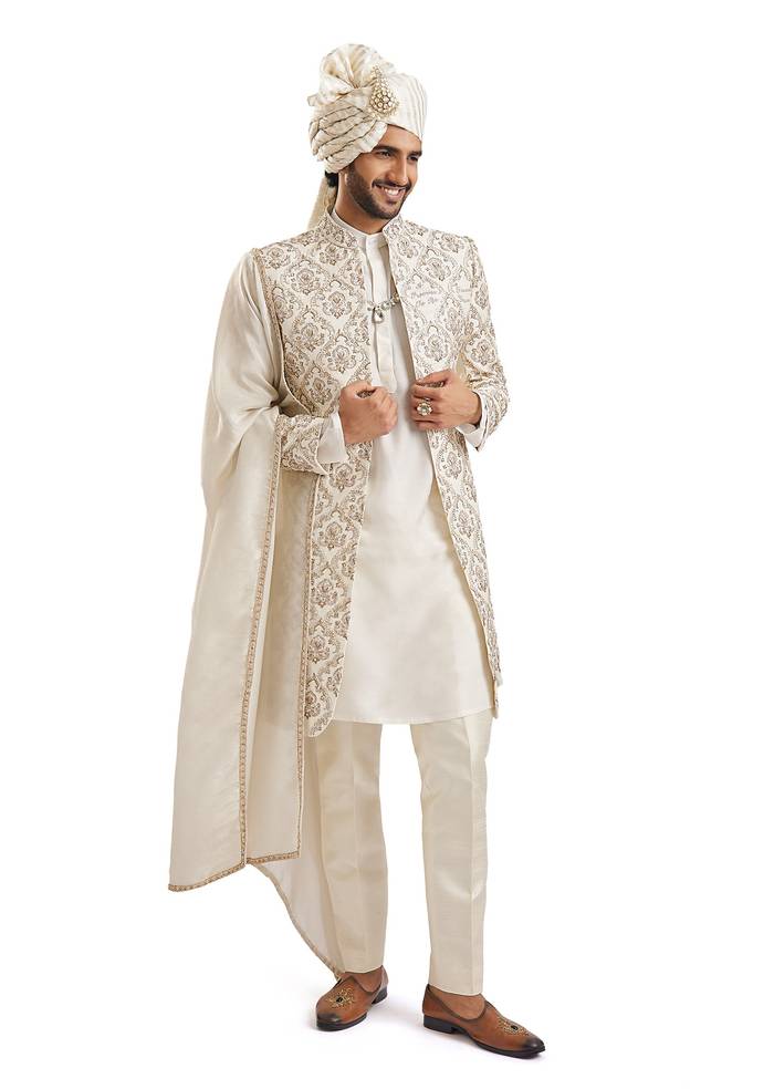 Off-White Royal Elegance — Bridal Lehenga For Her And Sherwani For Him