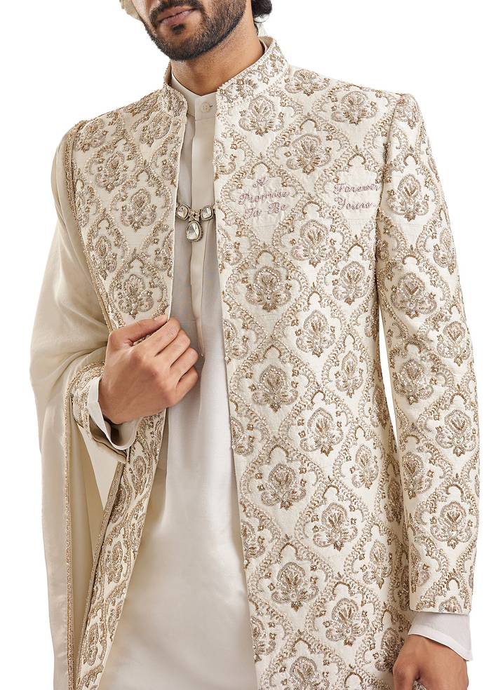 Off-White Royal Elegance — Bridal Lehenga For Her And Sherwani For Him