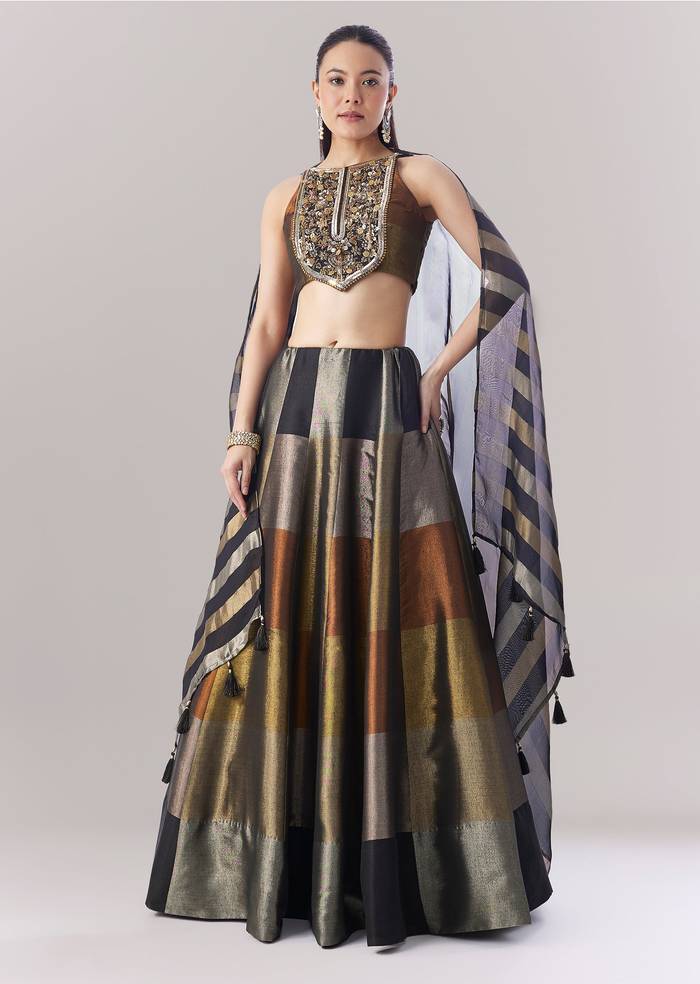 Black Colourblocked Lehenga With Sequins And Bead Work Choli