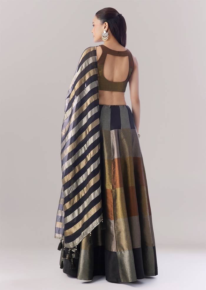 Black Colourblocked Lehenga With Sequins And Bead Work Choli