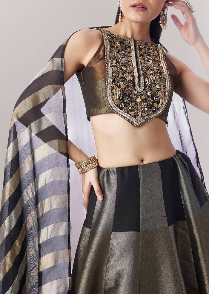 Black Colourblocked Lehenga With Sequins And Bead Work Choli