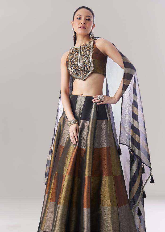Black Colourblocked Lehenga With Sequins And Bead Work Choli
