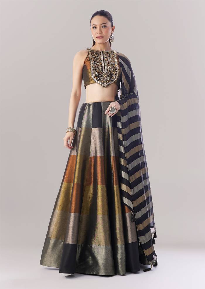 Black Colourblocked Lehenga With Sequins And Bead Work Choli