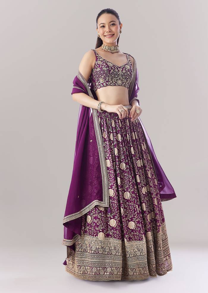 Purple Floral Printed Lehenga With Zari Work