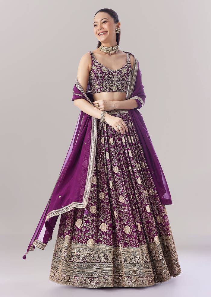 Purple Floral Printed Lehenga With Zari Work