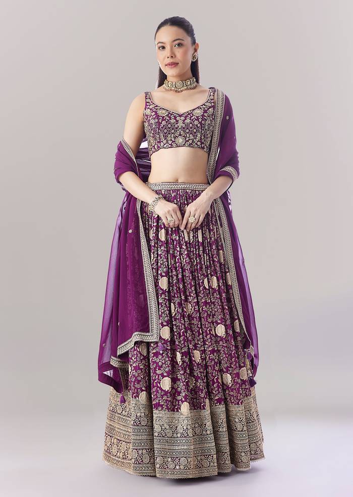 Purple Floral Printed Lehenga With Zari Work