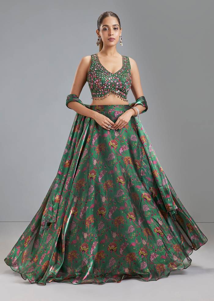 Green Organza Tissue Floral Lehenga With Mirror Work Choli