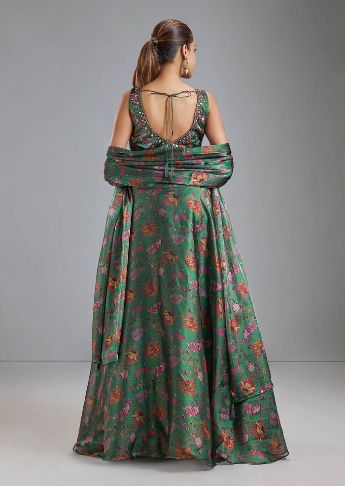 Green Organza Tissue Floral Lehenga With Mirror Work Choli