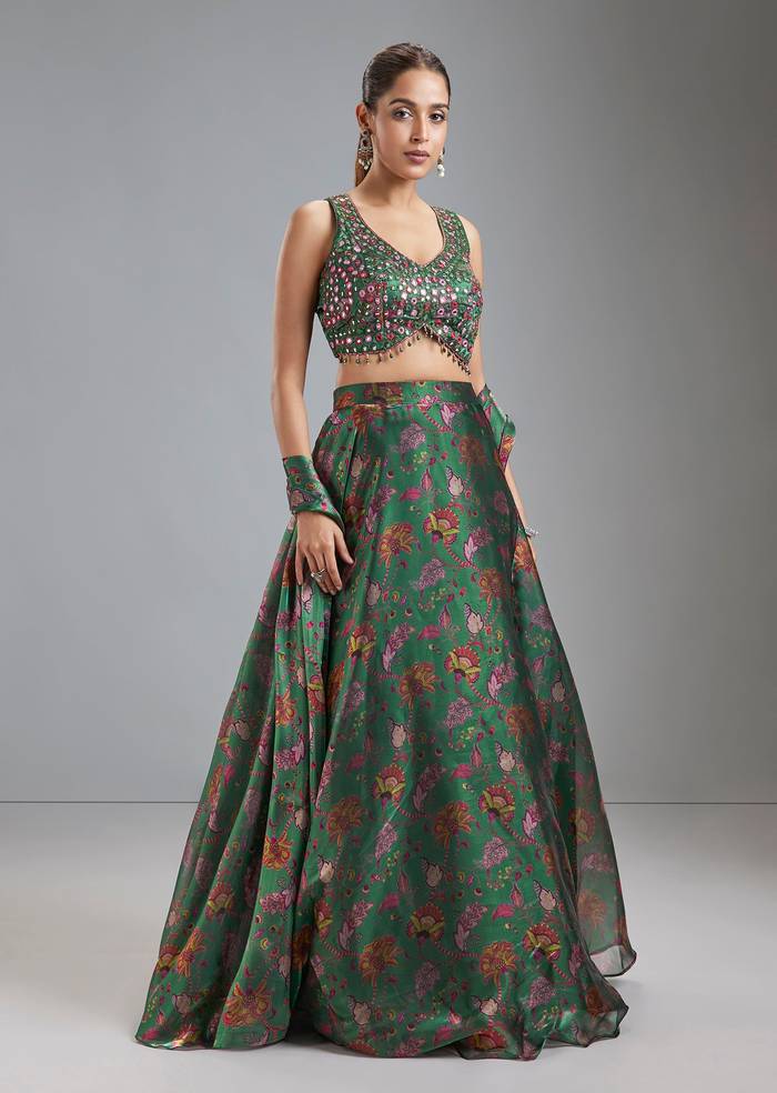 Green Organza Tissue Floral Lehenga With Mirror Work Choli